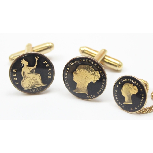 1124 - A pair of cufflinks and a tie clip made from 3 Victorian silver groat (4d) coins on gold plated moun... 