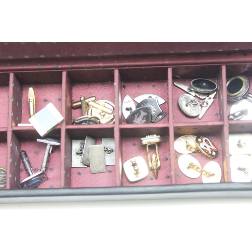 1127 - Qty of assorted vintage cufflinks and a tie pin in display box, 4 silver pairs