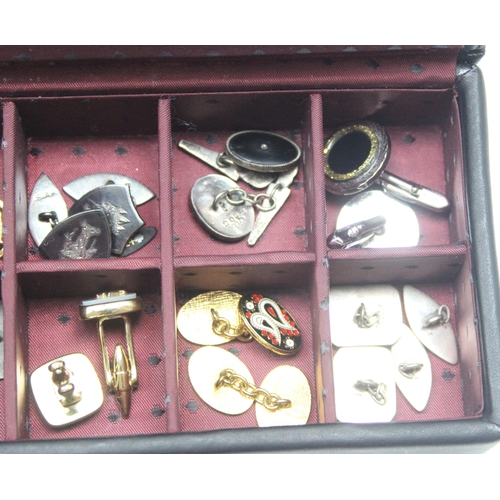 1127 - Qty of assorted vintage cufflinks and a tie pin in display box, 4 silver pairs