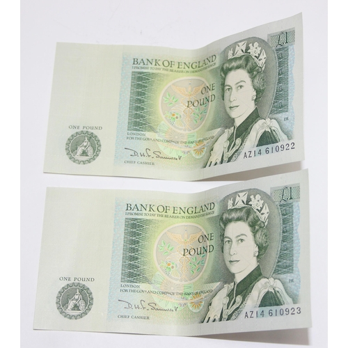 1255 - A set of 5 Queen Elizabeth II Somerset £1 notes, all sequential serial numbers AZ14 610921-25