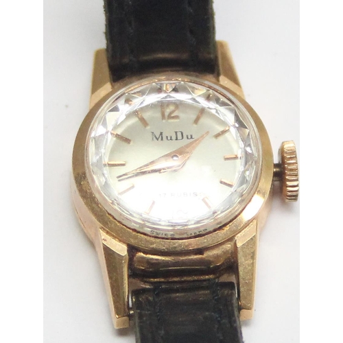 1305 - A vintage 18ct gold cased ladies watch by MuDu, Swiss marks to reverse and XRF confirmed, approx 7.9... 