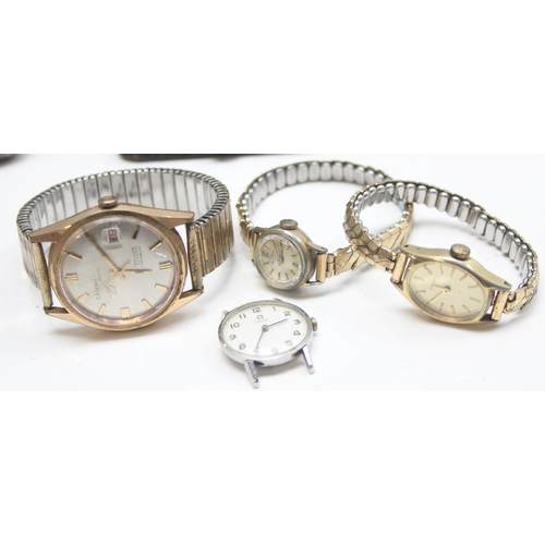 1306 - Qty of assorted vintage clocks and watches to inc Cauny Matic 25 and a ladies watch marked Omega, un... 