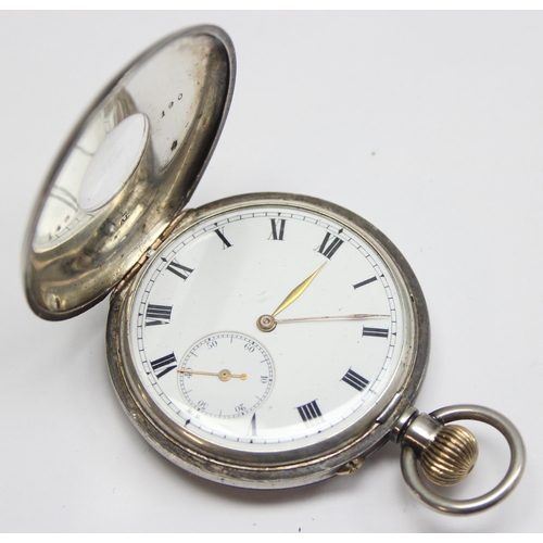 1307 - An antique silver cased half hunter pocket watch with enamel dial, import marks for Glasgow 1911, ap... 