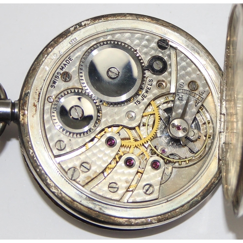 1308 - An early 20th century silver cased half hunter pocket watch with enamel dial, import marks for Glasg... 