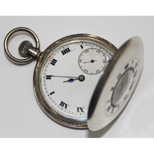 1308 - An early 20th century silver cased half hunter pocket watch with enamel dial, import marks for Glasg... 