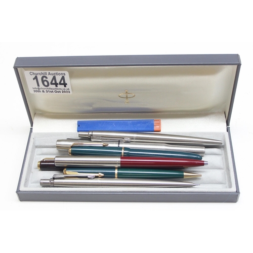 1644 - Qty of assorted fountain pens and other writing related items, all Parker with box