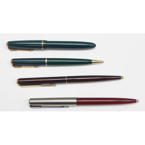 1644 - Qty of assorted fountain pens and other writing related items, all Parker with box