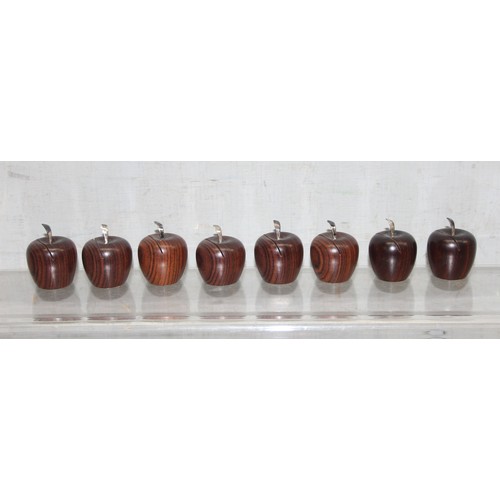 1637 - Set of 8 turned Kingwood apple shaped place name holder with silver stalks (XRF confirmed) for silve... 