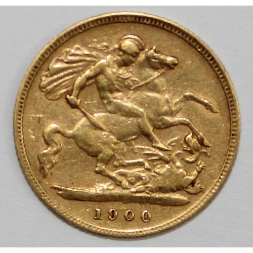 1209 - British Gold Coins - Queen Victoria (1837-1901), 1900 gold half sovereign coin, London mint, veiled ... 