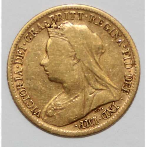 1209 - British Gold Coins - Queen Victoria (1837-1901), 1900 gold half sovereign coin, London mint, veiled ... 