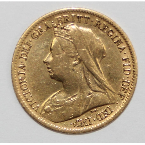 1210 - British Gold Coins - Queen Victoria (1837-1901), 1900 gold half sovereign coin, London mint, veiled ... 