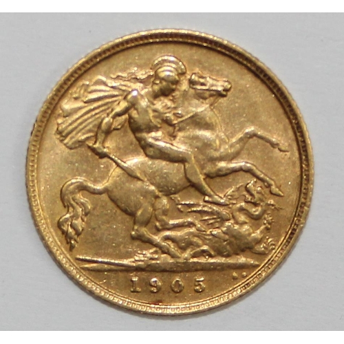 1213 - British Gold Coins - Edward VII (1901-1910), 1905 gold half sovereign coin, London mint, approx 3.97... 