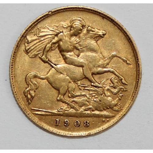 1217 - British Gold Coins - Edward VII (1901-1910), 1908 gold half sovereign coin, London mint, approx 4.01... 