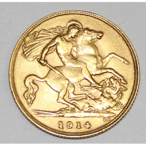 1221 - British Gold Coins - George V (1910-1936), 1914 gold half sovereign coin, London mint, approx 4.01g ... 