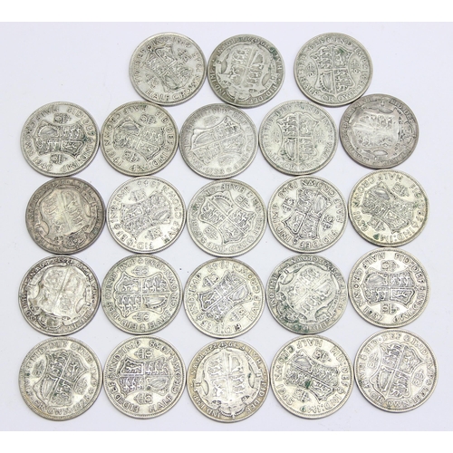 1263 - Partial date run of 0.500 silver half crown coins, 23 coins in total, missing 1924, 1926, 1930 & 193... 