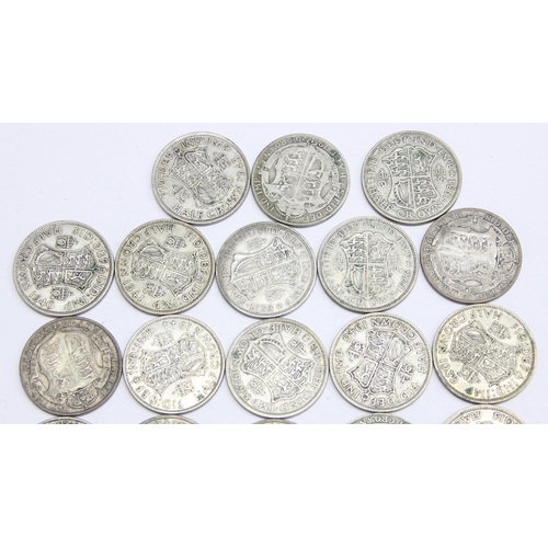 1263 - Partial date run of 0.500 silver half crown coins, 23 coins in total, missing 1924, 1926, 1930 & 193... 