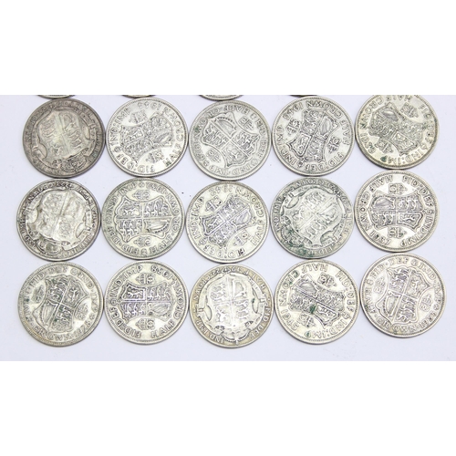 1263 - Partial date run of 0.500 silver half crown coins, 23 coins in total, missing 1924, 1926, 1930 & 193... 