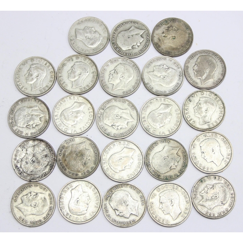 1263 - Partial date run of 0.500 silver half crown coins, 23 coins in total, missing 1924, 1926, 1930 & 193... 