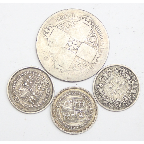 1270 - Queen Victoria (1837-1901), 4 silver coins to inc an 1864 Gothic florin, an 1843 silver sixpence and... 