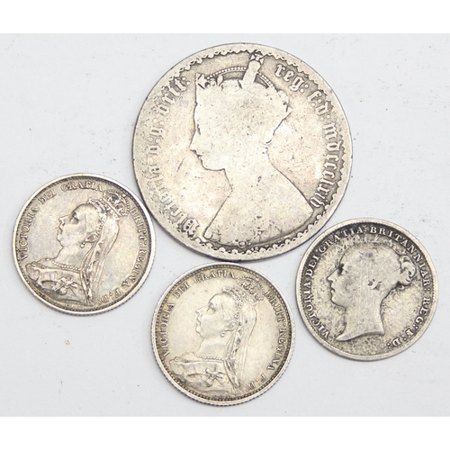 1270 - Queen Victoria (1837-1901), 4 silver coins to inc an 1864 Gothic florin, an 1843 silver sixpence and... 