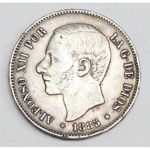 1271 - Alfonso XII of Spain (1874-85), an 1885 Spanish silver 5 Pesetas coin, approx 24.92g gross