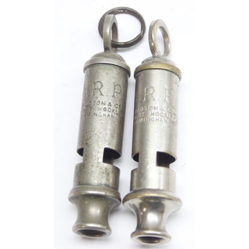 1444 - 5 assorted vintage whistles to inc 2 Hudson ARP whistles and 2 Acme Thunderer whistles, one dated 19... 