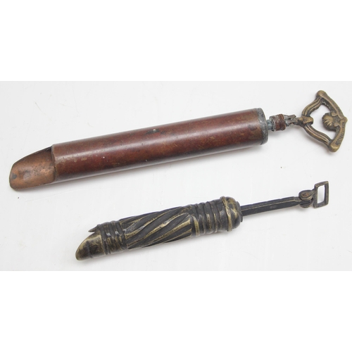 1466 - 2 unusual Ottoman or Turkish gunpowder measurers, one copper and one brass, the longer approx 20cm l... 