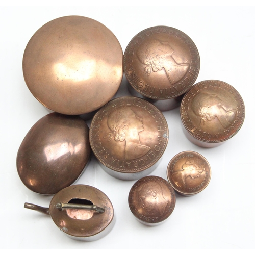 1645 - 7 small hand made copper boxes, the majority made with different British coins and a miniature coppe... 