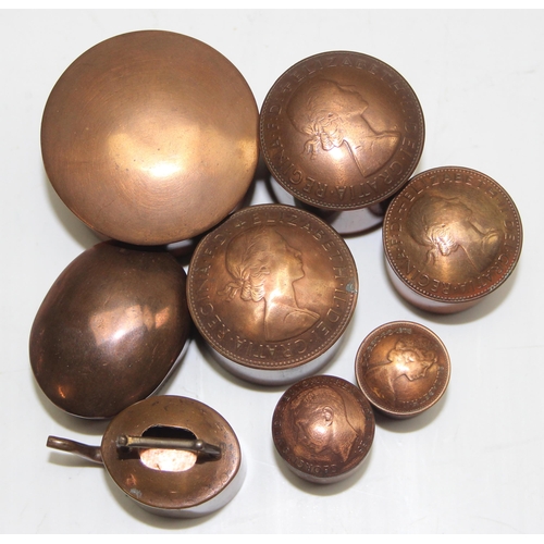 1645 - 7 small hand made copper boxes, the majority made with different British coins and a miniature coppe... 