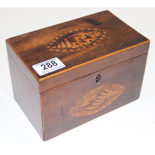 288 - A Georgian mahogany tea caddy with Sheraton inlay depicting a shell, approx 19cm wide