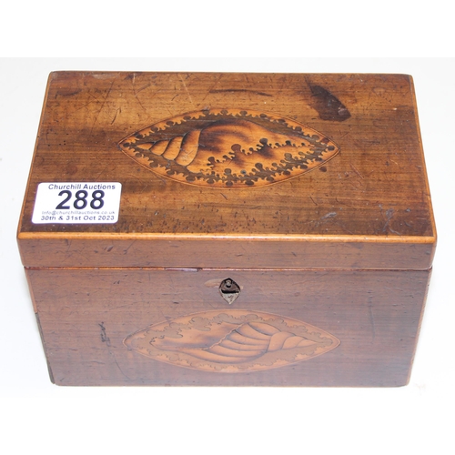 288 - A Georgian mahogany tea caddy with Sheraton inlay depicting a shell, approx 19cm wide