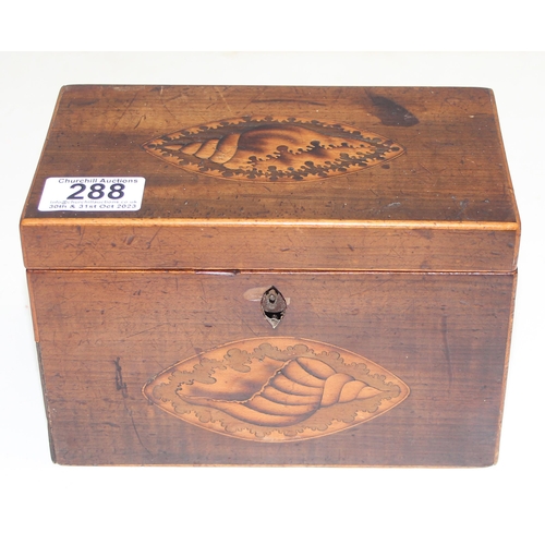 288 - A Georgian mahogany tea caddy with Sheraton inlay depicting a shell, approx 19cm wide