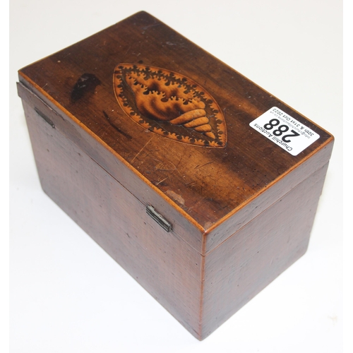 288 - A Georgian mahogany tea caddy with Sheraton inlay depicting a shell, approx 19cm wide