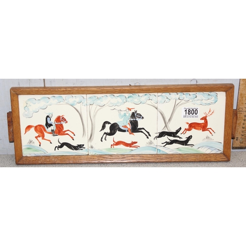 1800 - Framed/tray of a trio of hand-painted tiles of a medieval hunt scene, likely by Packard & Ord but th... 