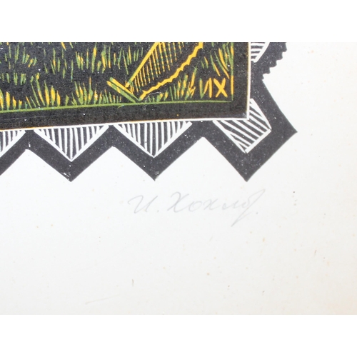 438 - A vintage Russian Linocut print of Gnomes in a forest, signed in Cyrillic and label verso, an Orient... 