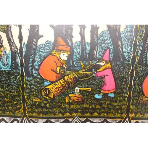 438 - A vintage Russian Linocut print of Gnomes in a forest, signed in Cyrillic and label verso, an Orient... 