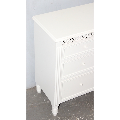 142 - Modern white 2 over 3 chest of drawers with pierced detailing, approx. 90cm W x 36cm D x 76cm H