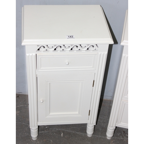 143 - Matched pair of modern white bedside tables, 1 with 3 graduated drawers and the other a drawer over ... 