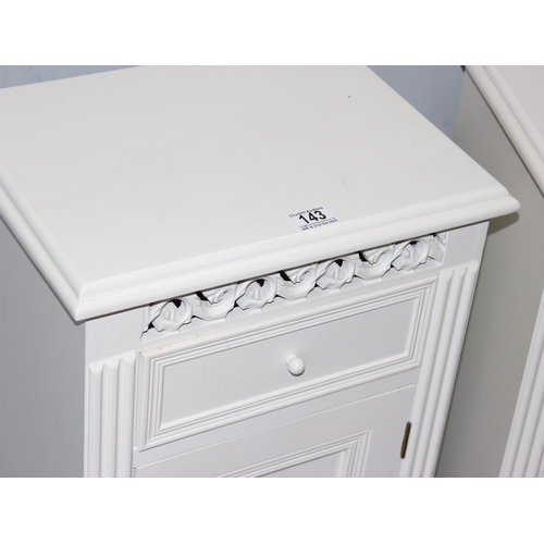 143 - Matched pair of modern white bedside tables, 1 with 3 graduated drawers and the other a drawer over ... 