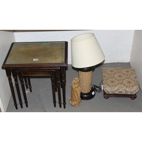 1790 - Qty of misc to incl nest of tables, rope lamp, rope door stop and an antique footstool (4)