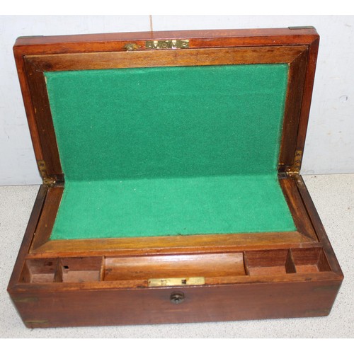 272 - Antique mahogany writing slope with brass bound corners, approx 46cm W x 24cm D x 13cm H