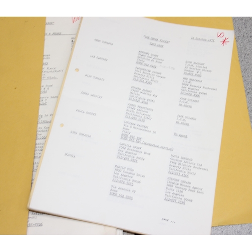 519 - Qty of 1960s and later film cast and crew lists, and a folder with 'United Artists' record catalogue... 