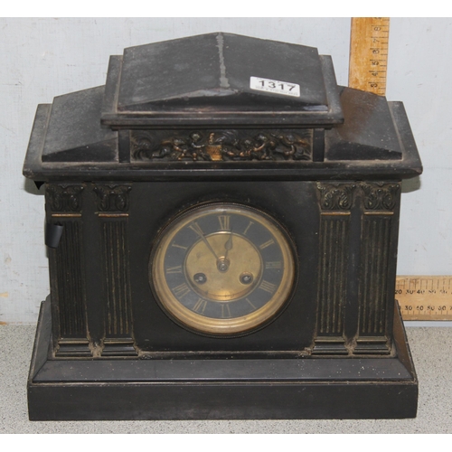 1317 - Large French slate mantel clock by R & Co of Paris with Pendulum and key