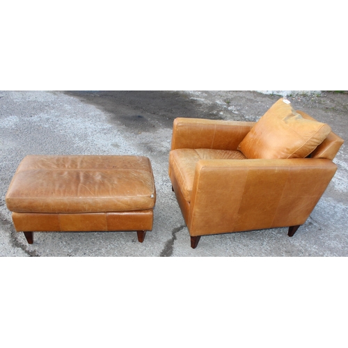 140A - Tan leather armchair with matching footstool, (John Lewis Label to footstool) chair approx 77cm W x ... 