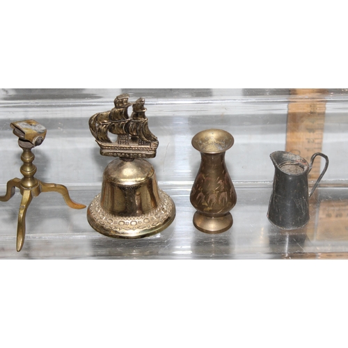 1651 - Qty of small mixed metalware and other items to include a shot flask, cow bell and a wooden 'Cuss bo... 