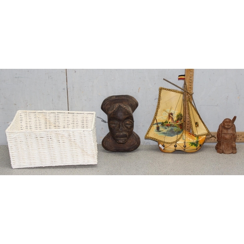 1807 - A retro wooden Dutch clog ship lamp, an African carved wooden mask and a carved wooden figure of Bud... 