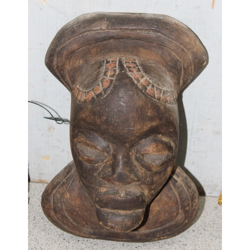 1807 - A retro wooden Dutch clog ship lamp, an African carved wooden mask and a carved wooden figure of Bud... 