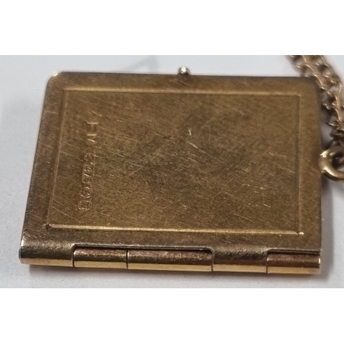 1108 - 9ct gold locket pendant formed as a book, on 9ct gold chain, London 1957, chain approx 38cm long, ap... 