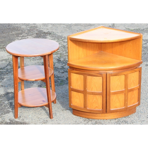 14 - Retro corner unit likely by Nathan (64cm W x 45cm D x 76cm H) and a 3-tiered round table