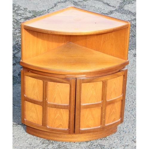 14 - Retro corner unit likely by Nathan (64cm W x 45cm D x 76cm H) and a 3-tiered round table